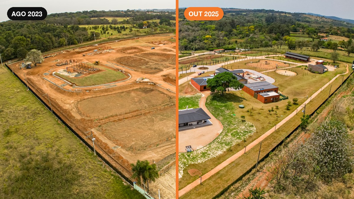 Fazenda vista do alto em agosto de 2023 e em outubro de 2025